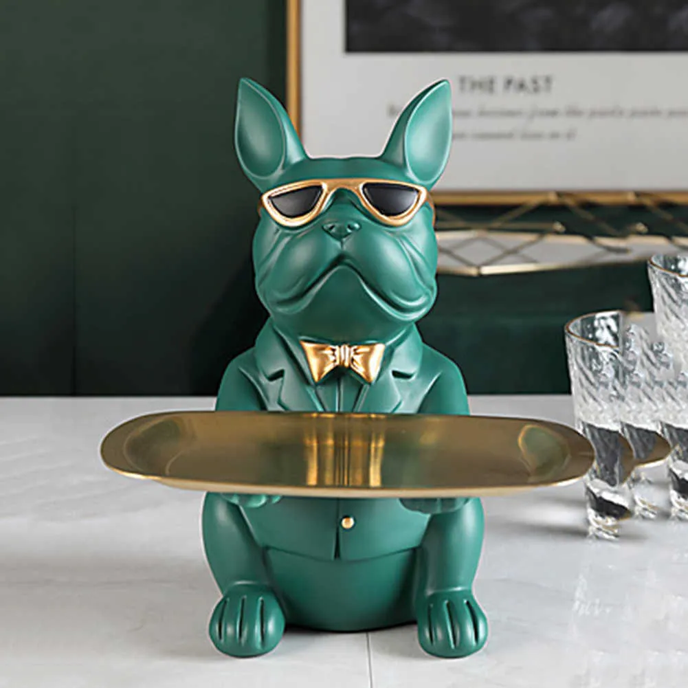 Resina legal cão escultura bulldog estatueta decorativa bandeja de armazenamento moeda banco entrada chave lanche titular arte moderna estátua 2107275923758