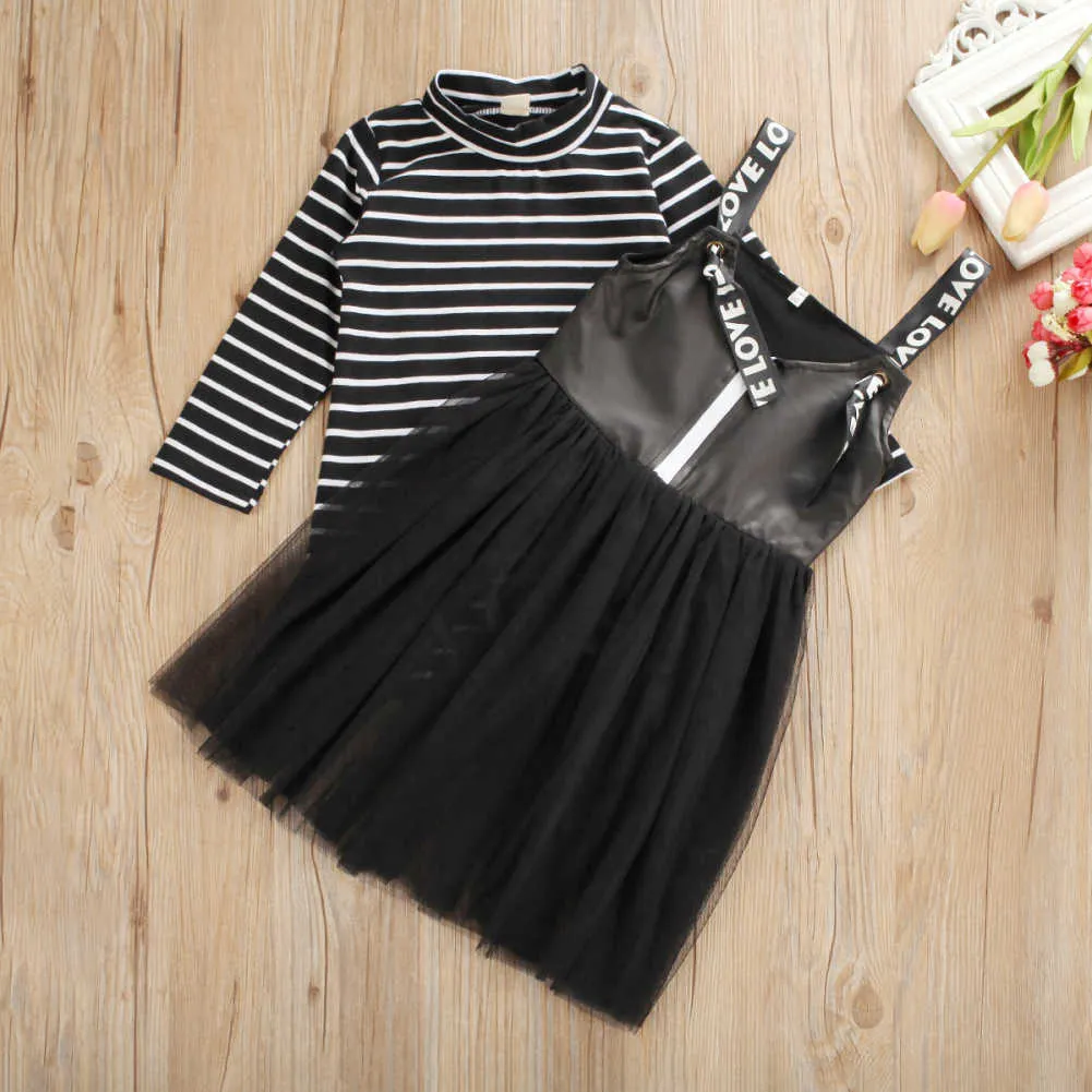 Fashion Infant Baby Girl Dress Abbigliamento Top a righe a maniche lunghe + StrapLace Abito in tulle Abiti Set 2-7Y Q0716