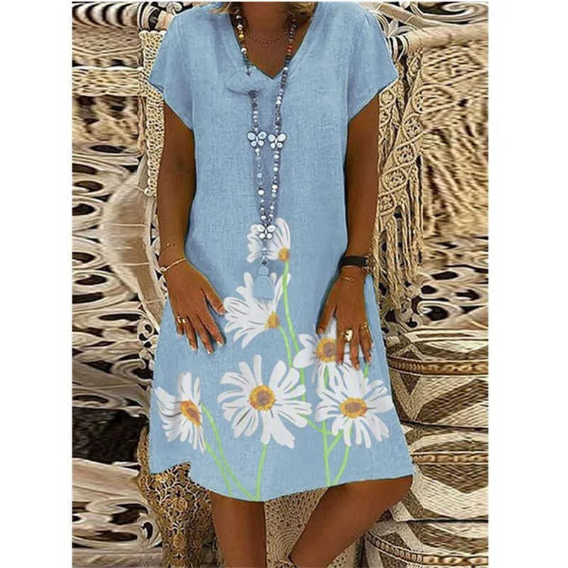 Vintage femmes robe d'été décontracté à manches courtes col en v imprimé Mini robe été Floral a-ligne grande taille 3XL dame Vestidos 210526