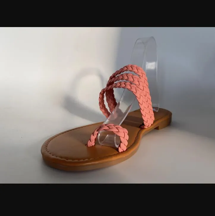 Cinghie intrecciate con anello al piede Pantofole da donna piatte con diapositive rosa gialle Scarpe da spiaggia da donna infradito piatte da donna estive