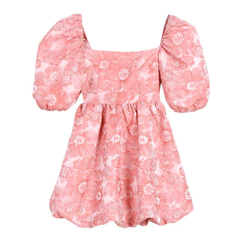 Été femmes élégant doux rose blanc Jacquard dos nu manches bouffantes col carré robe de bal robe courte D3042 210514