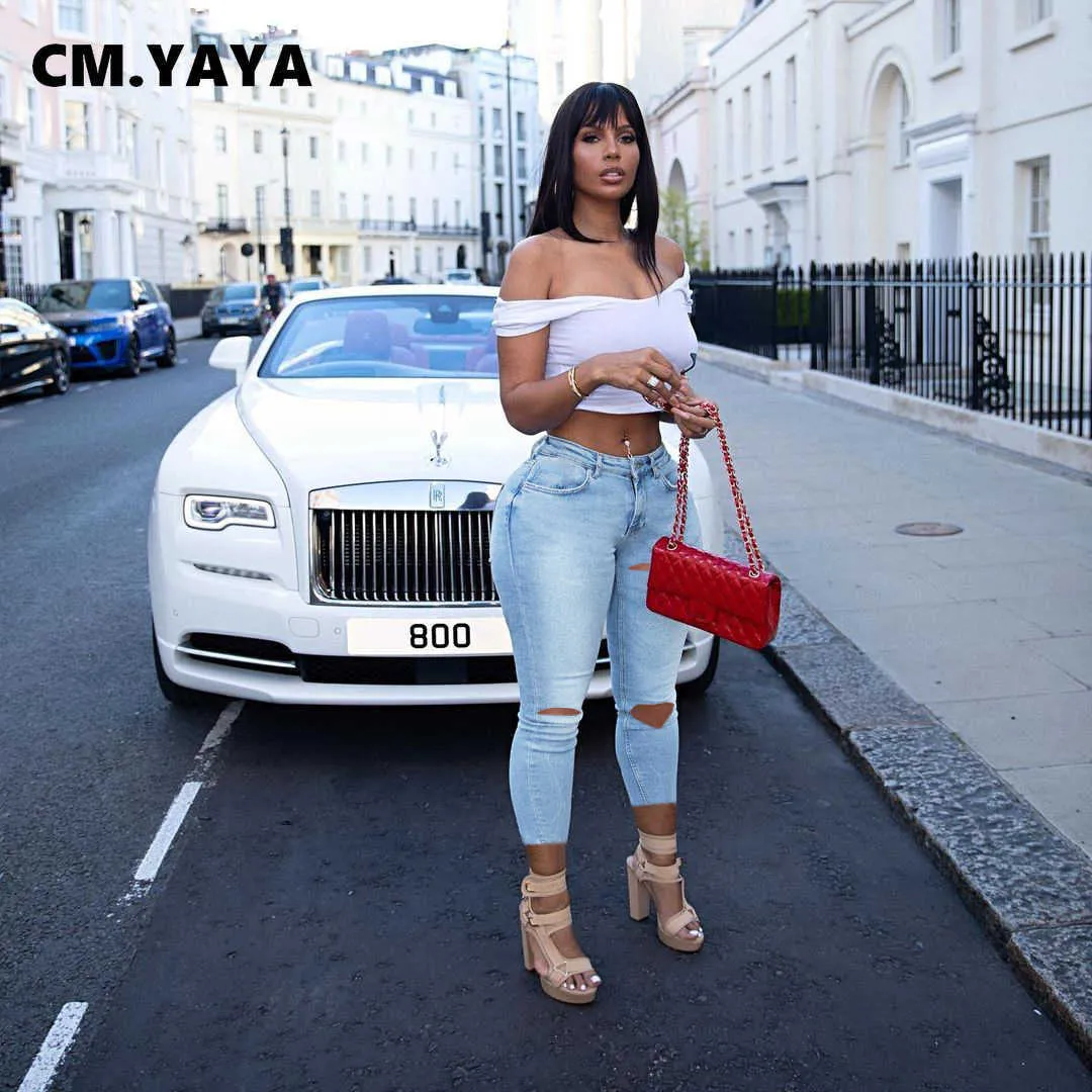 CM.YAYA Femmes Jeans Criss-Cross-Cross Lacet Trou Gaine Élastique Taille Haute Longue Crayon Denim Pantalon Mode High Street Pantalon 210616