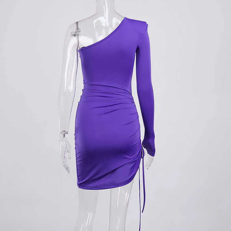 Azja Jesień Purpurowa sukienka Kobiety Moda Pojedynczy Ramię Z Długim Rękawem Side Sznurek Wysoka Talia Bodycon Dresses Lady Streetwear 210630