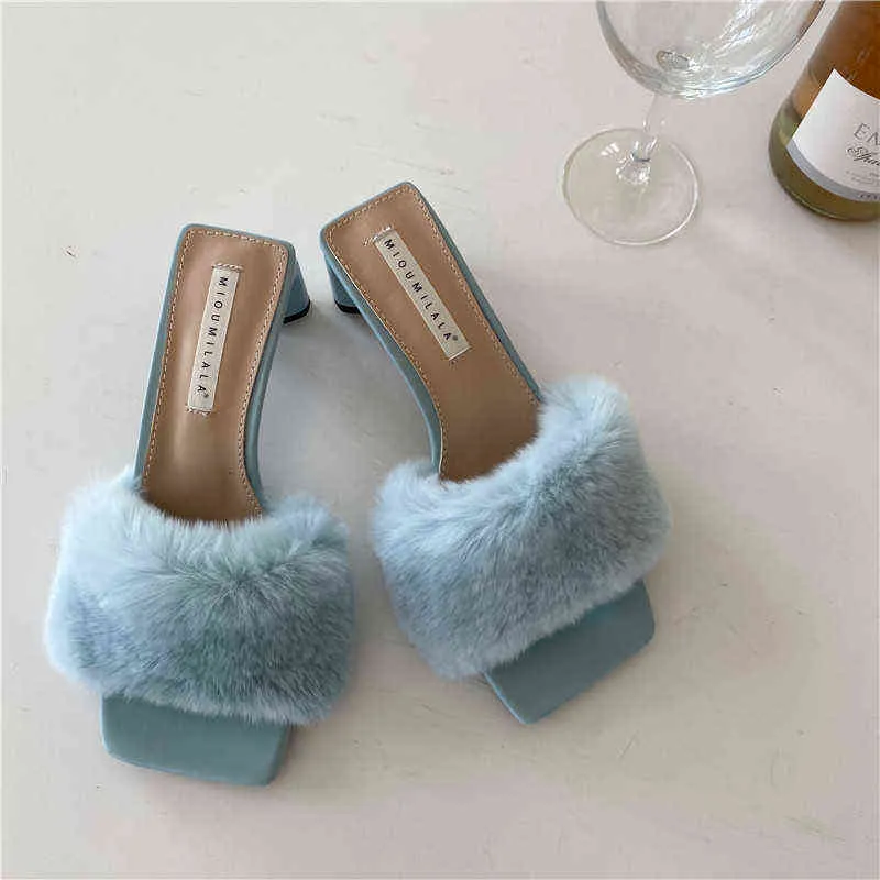 Sandels Marke Design Frauen s Furry Hausschuhe Kaninchenfell High Heels Damen Flip Flops Flauschige Schuhe 220303