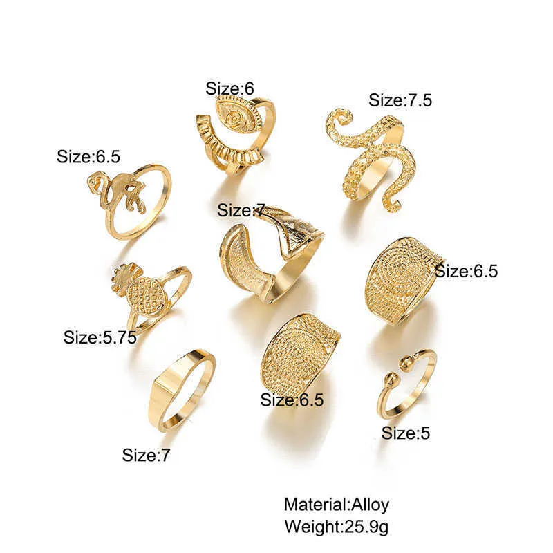 Anel de junta de metal de liga criativa para mulheres boémio abacaxi serpente 9 peça anel conjunto ouro cor moda jóias x0715