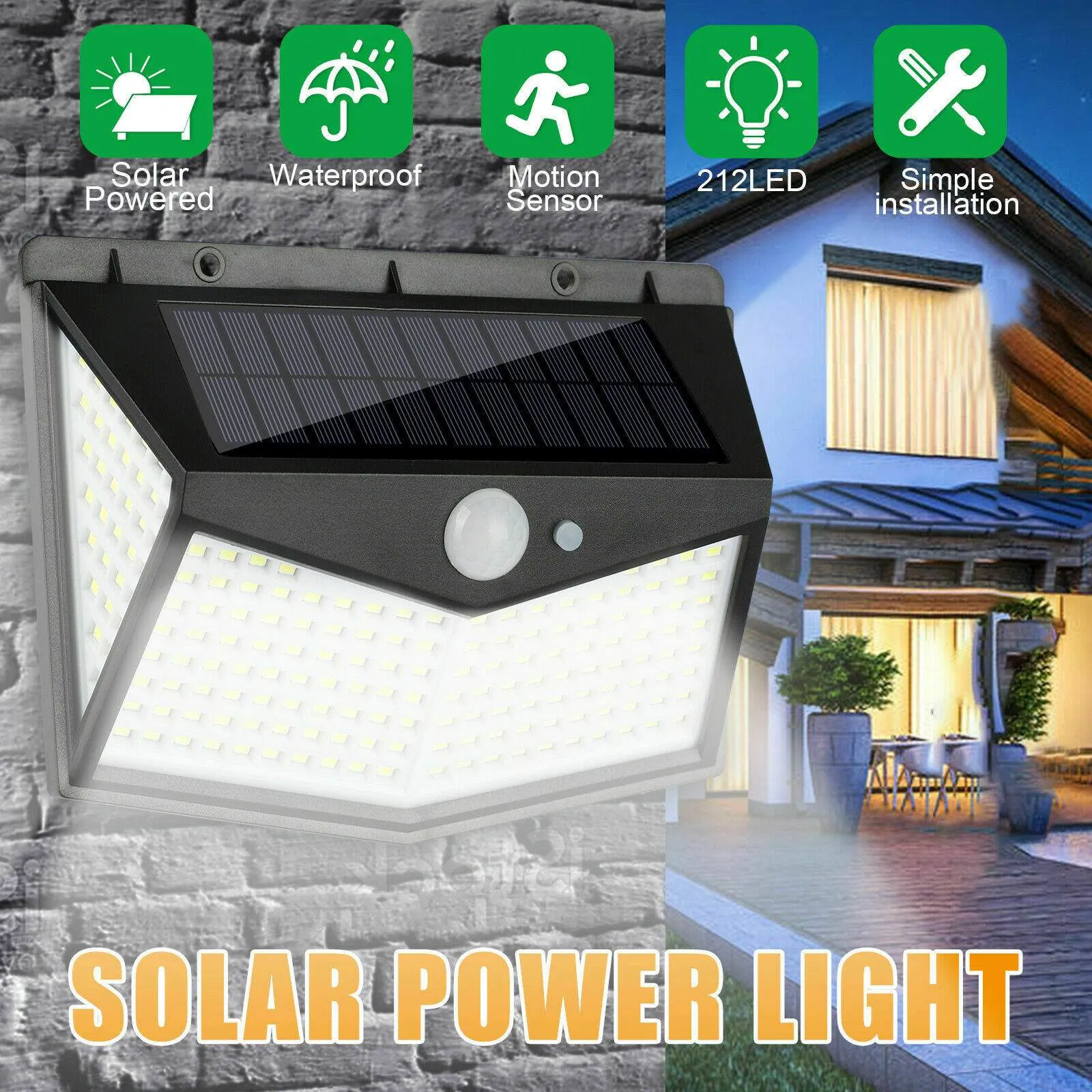 Lampe d'extérieur à lumière solaire LED avec lampes murales à capteur de mouvement, étanche à la lumière du soleil, alimentée par la décoration de jardin, 25 100 144 212 300LED249p