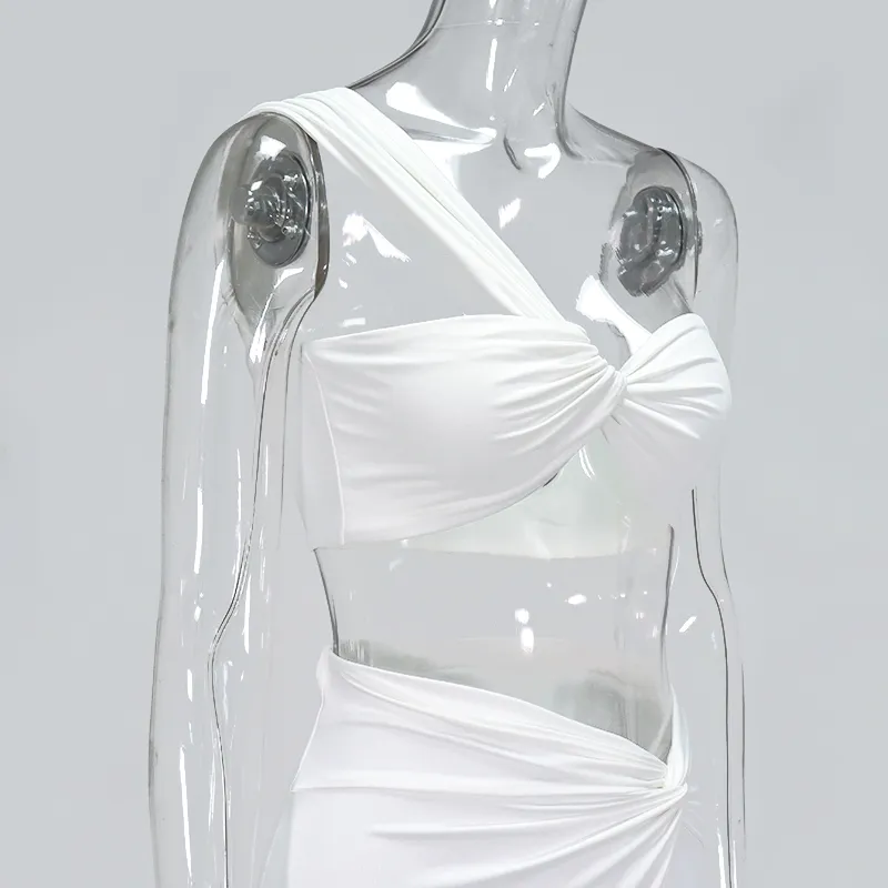 Asia Sexig gröda toppsidan delade långa kjolar Två stycke Set Women Twist One Shoulder Summer White Party Clothes 220221