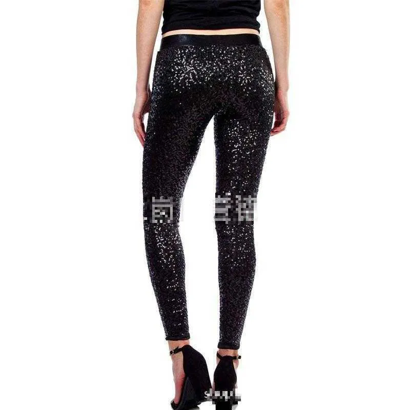 Kvinnor Leggings PU Läder Sequins Stitching Fitness Byxor Hög midja Julkvinnor Kläder 210524