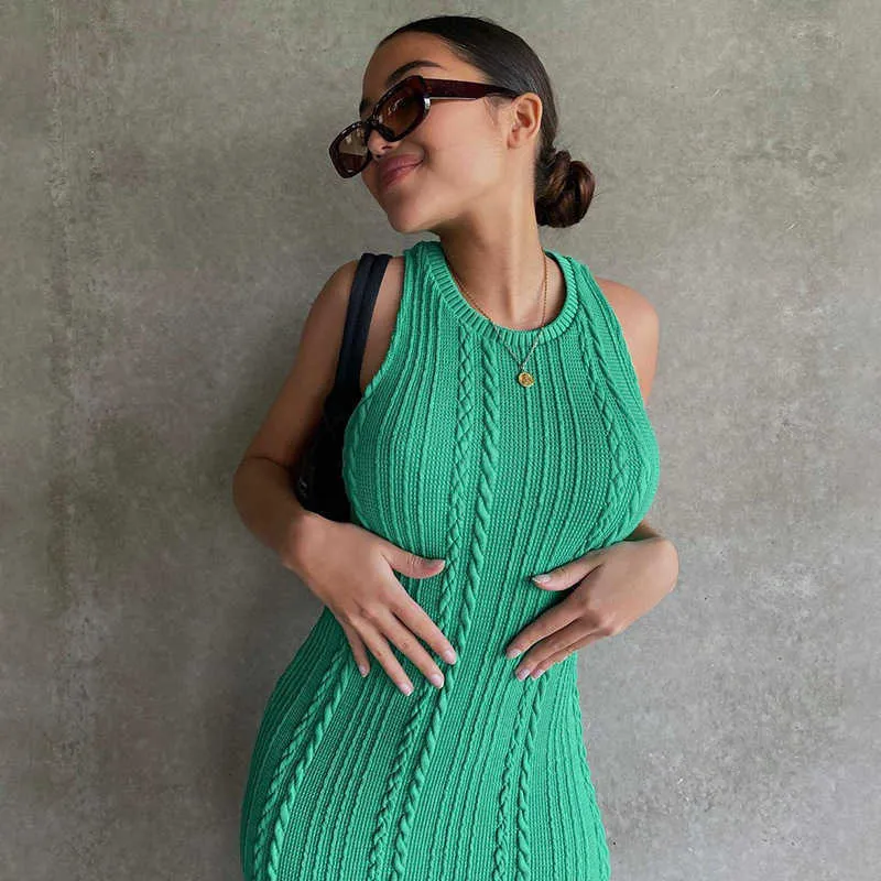 New Summer Solid Color Knitted Sleeveless Round Neck Dress Women Outfits Streetwear Clubwear Casual Urban Bodycon Tank Dresses Y1006