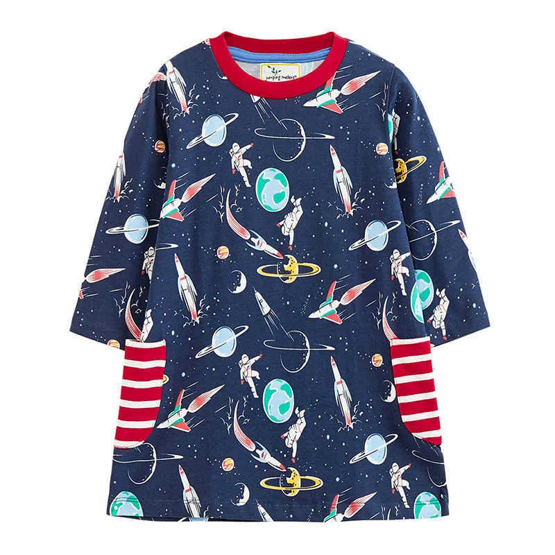 Jumping Meters Arrival Children's Cotton Dresses With Space Print Cute Pockets Princess Long Sleeve Baby Frock Fashion Dress 210529