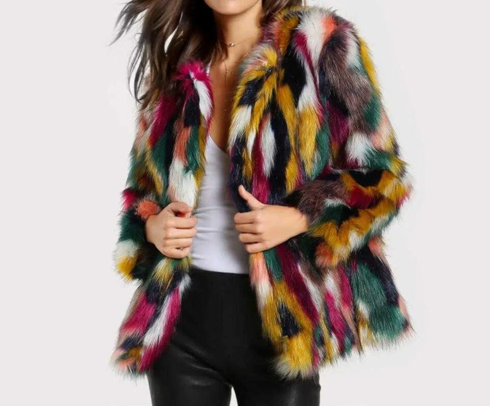 Cappotto in pelliccia sintetica multi colore a contrasto moda lungo peloso Shaggy Outwear donna autunno inverno giacca corta cappotto top Y0829