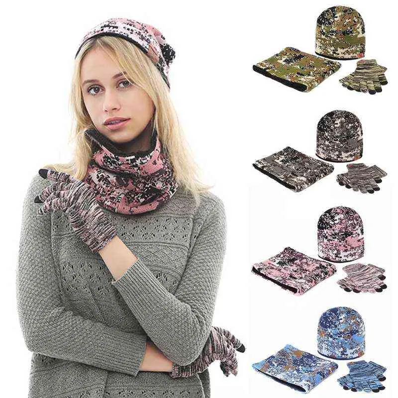 Set di guanti touch screen unisex invernali 3 pezzi mimetici in maglia calda con berretto e sciarpa Xx9d