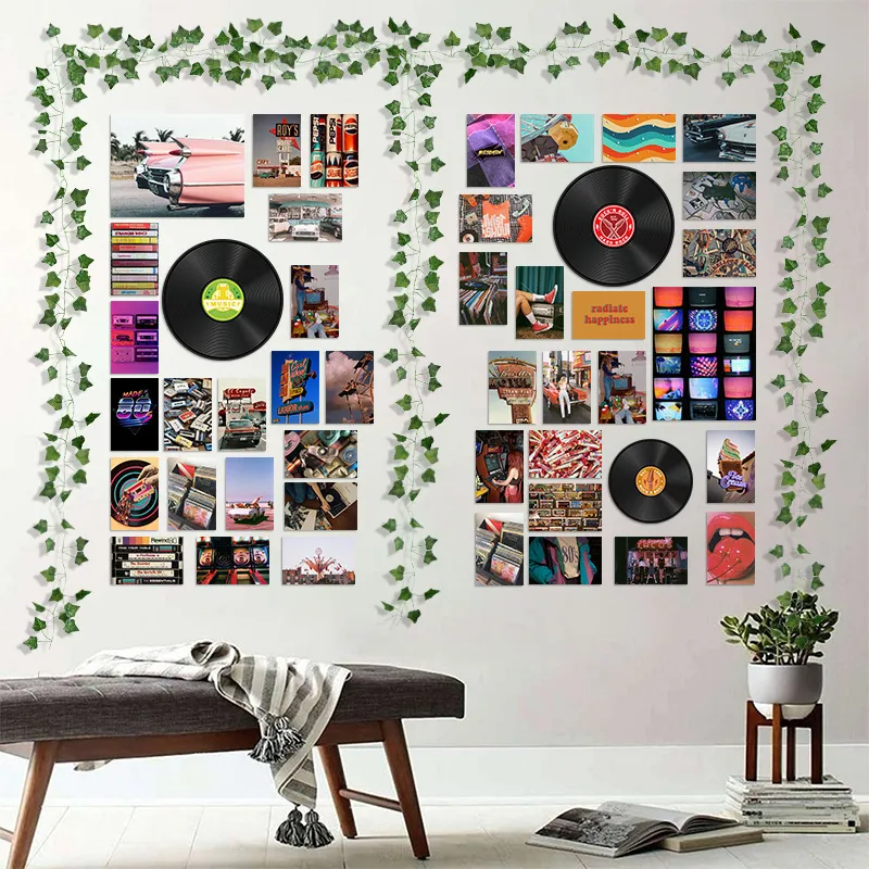 48st. Vintage Records affisch Retro Estetiska väggcollagssatser Art Printing Card Fake Vines Trippy Dorm Bedroom Decor for Teens 220217