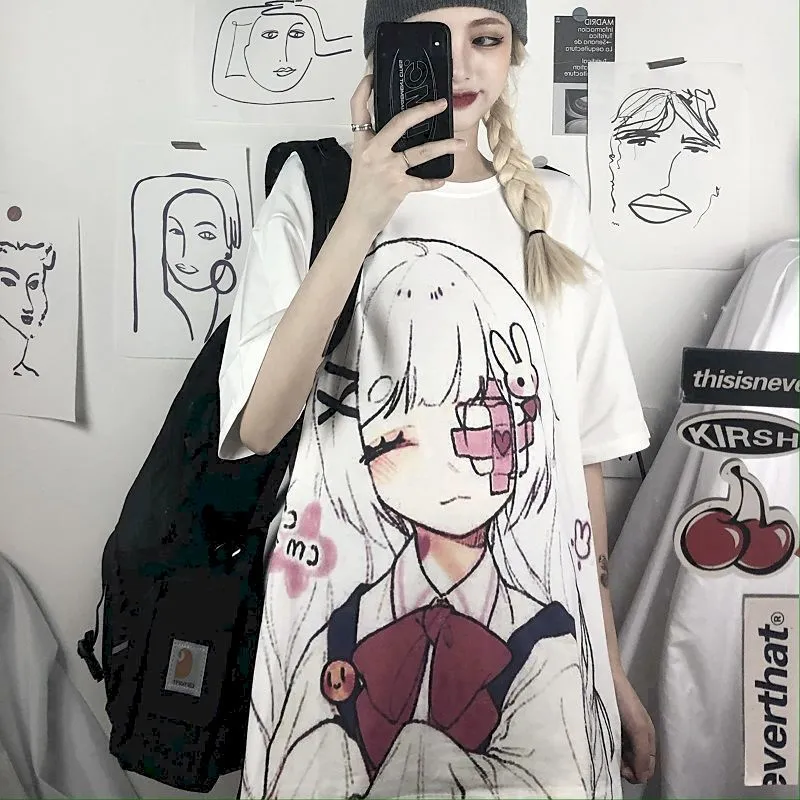 Anime Girl Image Drukuj Kobiety Topy Tshirts Koreański Styl Koszulki Lato Słodki Moda T Shirts Preppy Para Ubrania O-Neck Tee Y0508