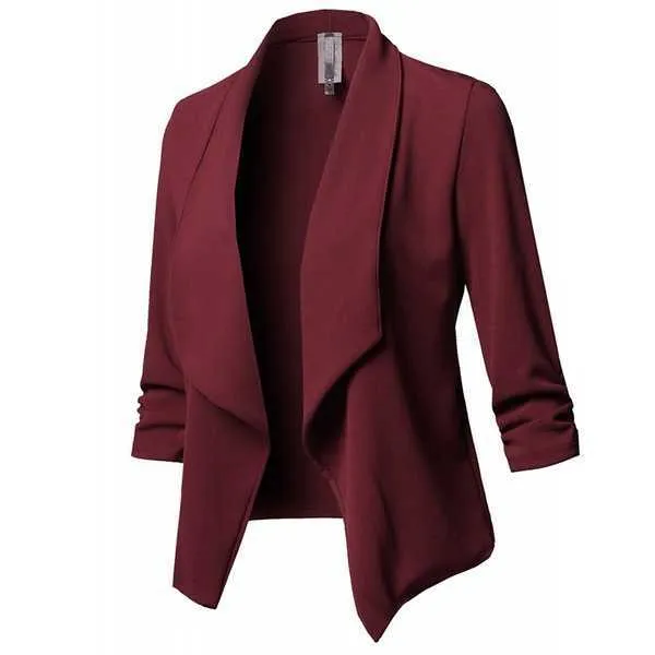 Women Slim Blazer Coat Casual Solid Suit Long Sleeved Lapel None Button Ladies Blazers Work Wear Jackets Plus Size S-5XL 210930
