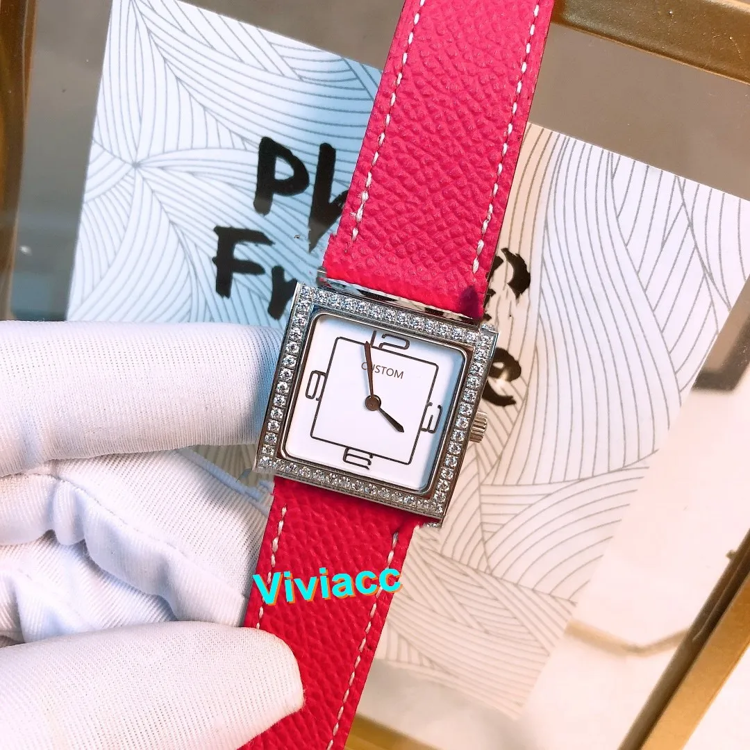 26mm Wide Fashion Lady Square Watch Genuine Leather Famous Brand Logo WristWatch Women 36912 Number Dial Zircon Clock