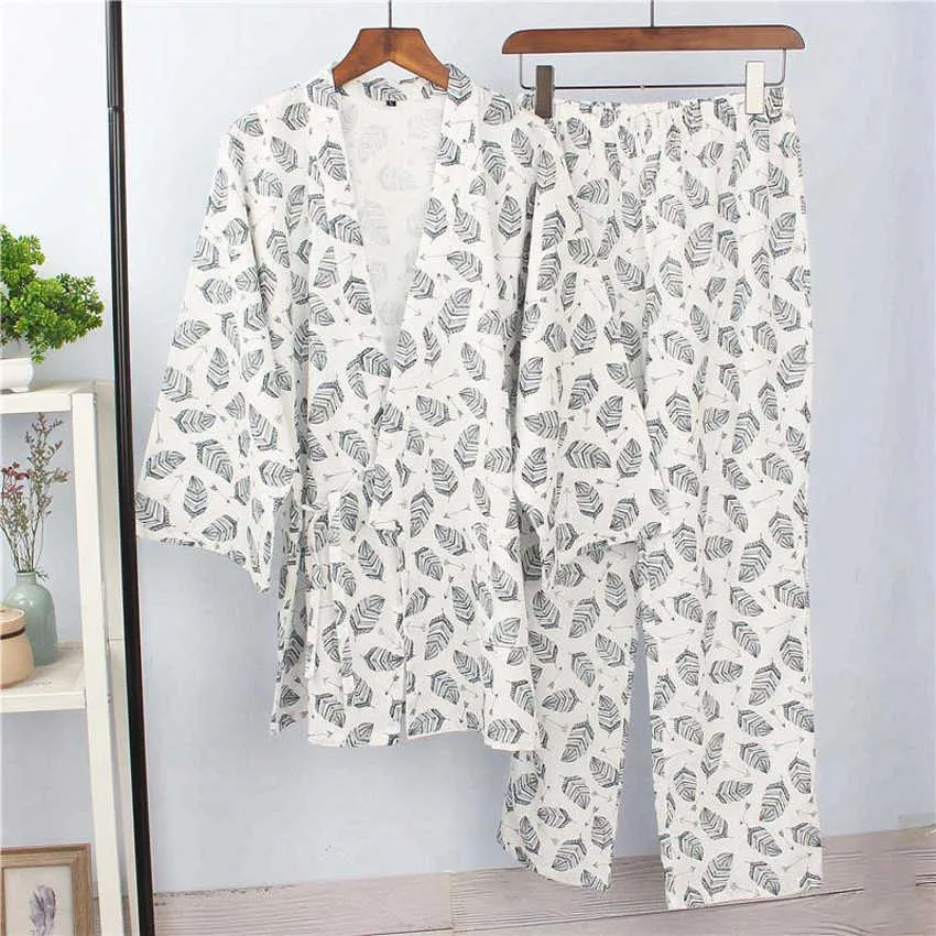 Bawełna Japońska Sleepwear Fori Mężczyźni Kimono Haori Piżamy Koszulka Koszulka Koszulki Koszulki Koszulki + Spodnie Odzież Odzież Oddychająca Yukata Jinbei 211019