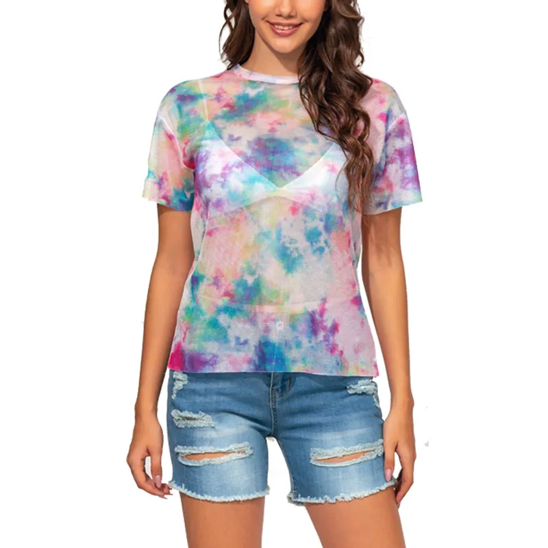 Femmes T-shirt Tie Dye Imprimer Summer Casual O-Cou à manches courtes Skinny Perspective Slim Fit Streetwear Plus Taille XS-5XL 210522