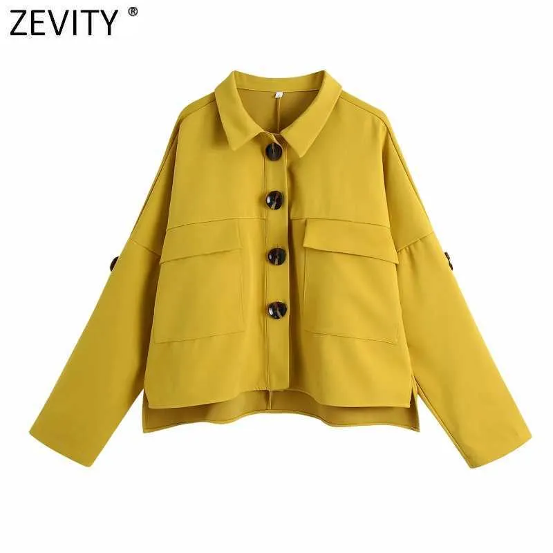 Zevity Mujeres Elegante Color Sólido Bolsillo Parche Suelto Kimono Camisa Abrigo Office Lady Wear Single Breasted Outwear Chaqueta Tops CT691 210603