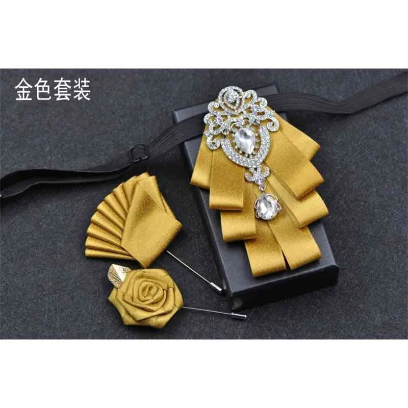 Hommes ruban nœud mouchoir alliage broche fleur broches poche carré cou cravate ensemble marié fête de mariage Bling strass nœud papillon