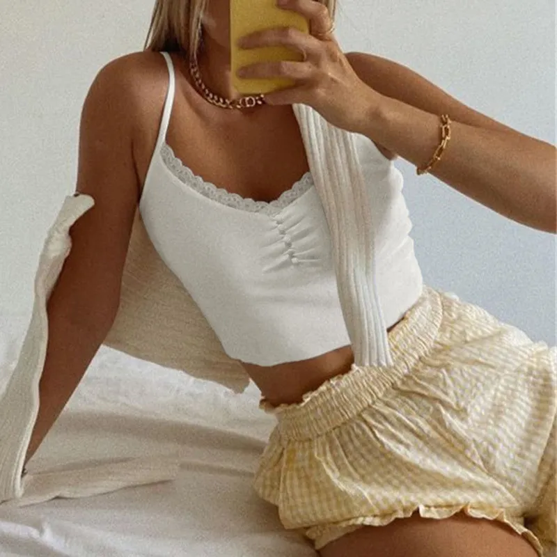 Beauty Summer Lace Stitching Collar Smocked Camisole Women's Inner Wrap Top White Fashion Female 210514