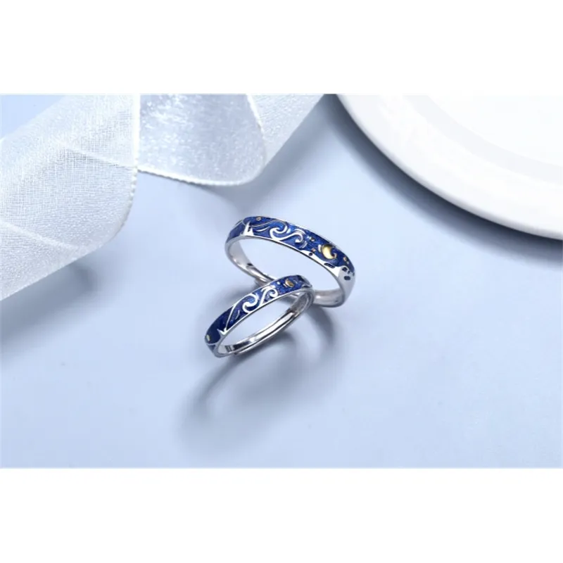 925 Sterling Silver Van Gogh Starry Sky Open Couple Ring For Women Men Romance Student Birthday Gift Premium Enamel Jewelry6887994