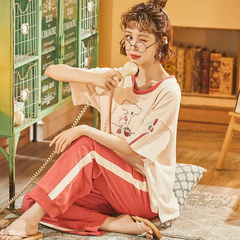 Full längd byxor + kort T-shirt Kvinnors bomull pyjamas 2st / set koreanska damen kläder sommar sovkläder kvinnlig sömn toppar pijamas 210809