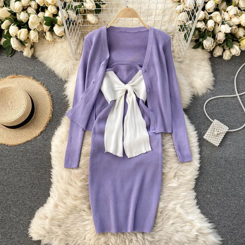 Women's v-neck long-sleeved casual knitted cardigan top With dress women's chest bow-knot slim suspender two-piece women 210420