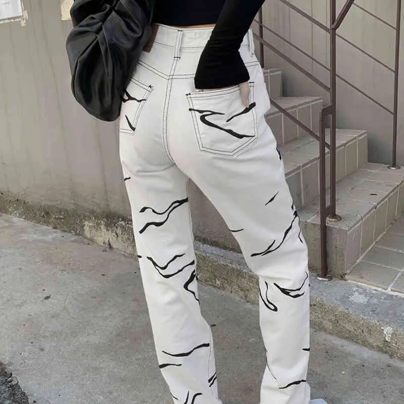 Y2K White Baggy Jeans Vrouw Hoge Taille Gedrukt Losse Rechte Denim Broek Koreaanse Mode Vintage E-Girl Kleding Lading Broek 210517