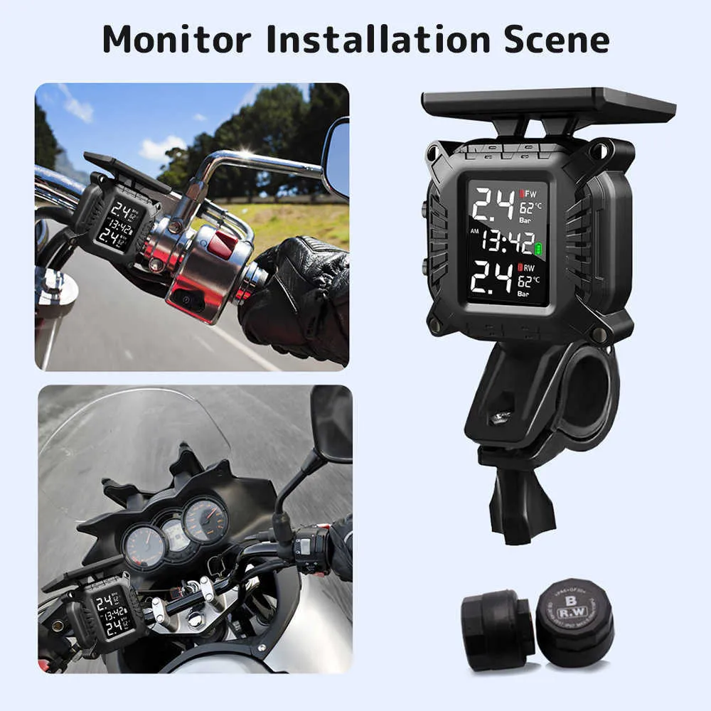 TPMS Motorcyklar Däcktrycksövervakningssystem med 2 sensorer LCD -display Auto Alarm System Wireless Solar Realtime Tester9173921