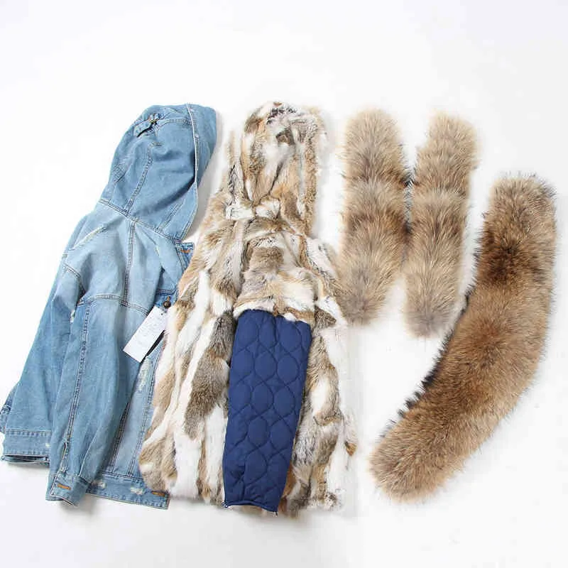 Maomaokong Denim Veste Parka Hiver Femmes Parkas Véritable Col De Fourrure Manteau Naturel Raccoon Hood Rabbit Liner Luxe 211220