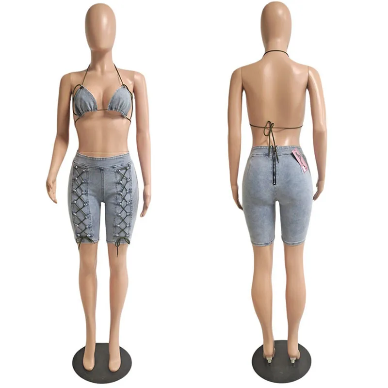 Conjuntos sexy de duas peças de jeans, roupas de clube para mulheres, roupas de festival, conjunto de shorts jeans com cadarço, conjuntos de 2 peças correspondentes X0428