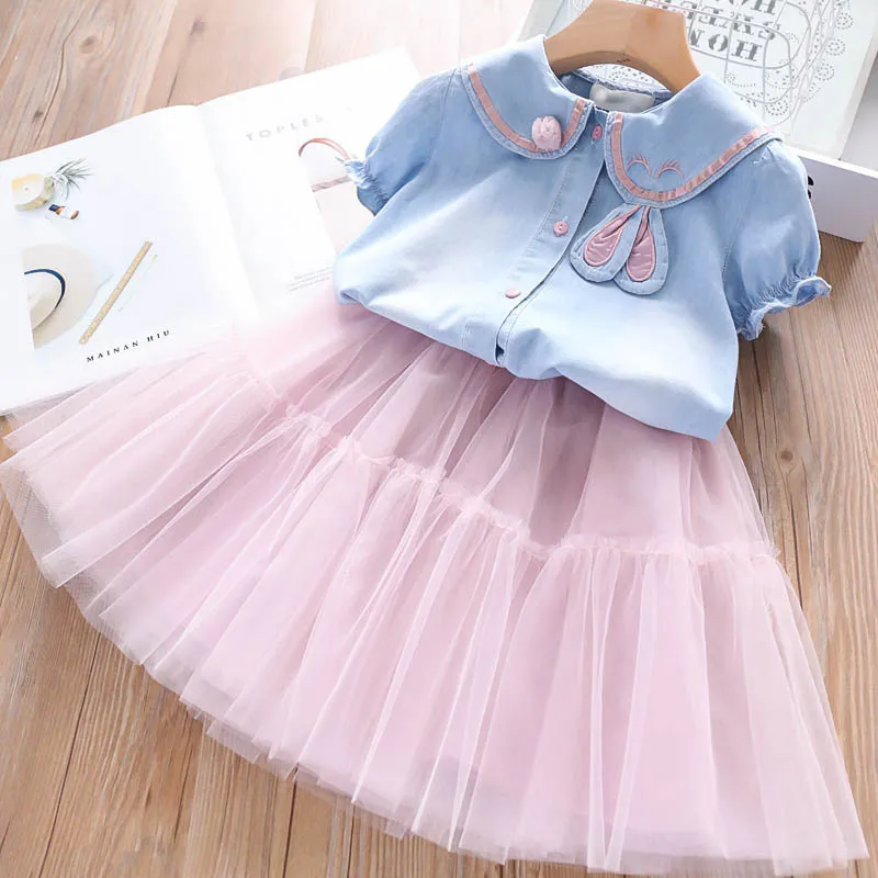 Summer Girls' Clothing Sets Denim Flower Embroidered Lapel Top+Net Yarn Skirt Suit Princess Baby Kids Children Clothes 220307