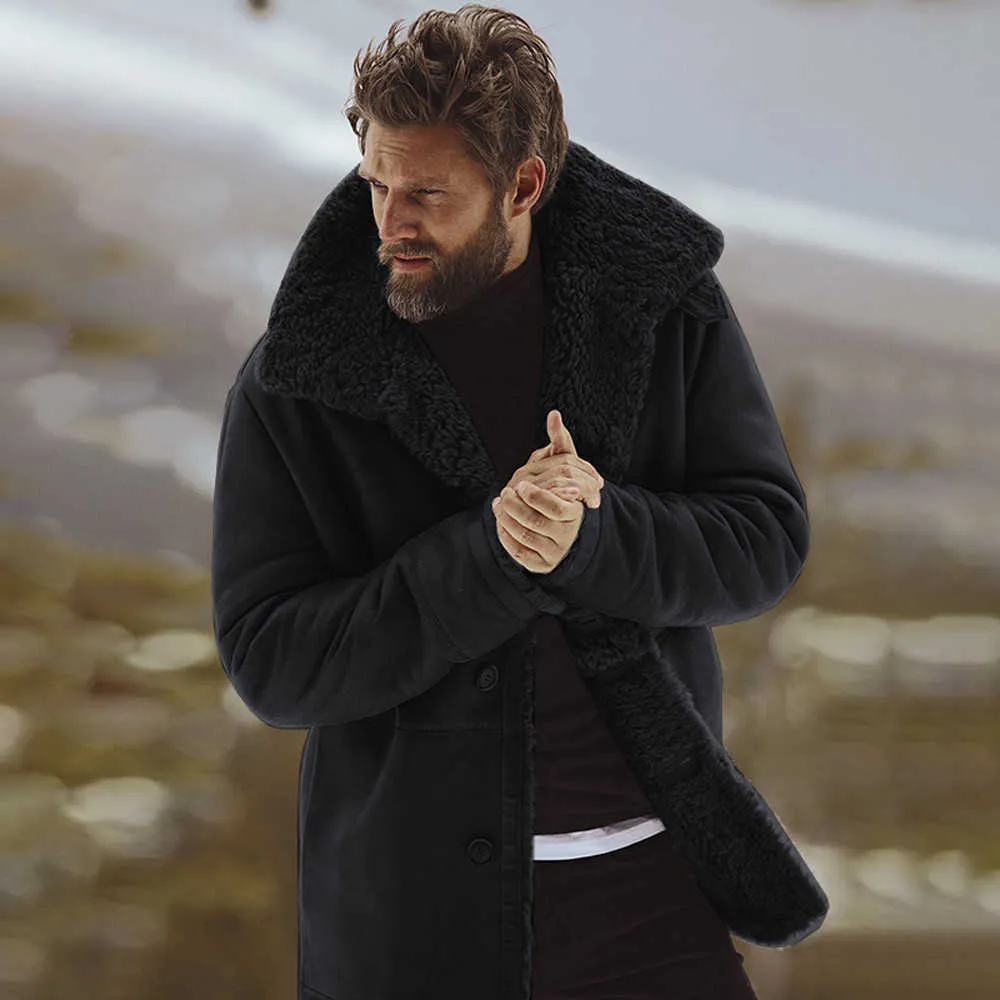 Giacca da uomo in pelle di pecora moda invernale calda foderata in lana da montagna giacche in agnello finto cappotto capispalla causale uomo top camicetta stile 211015