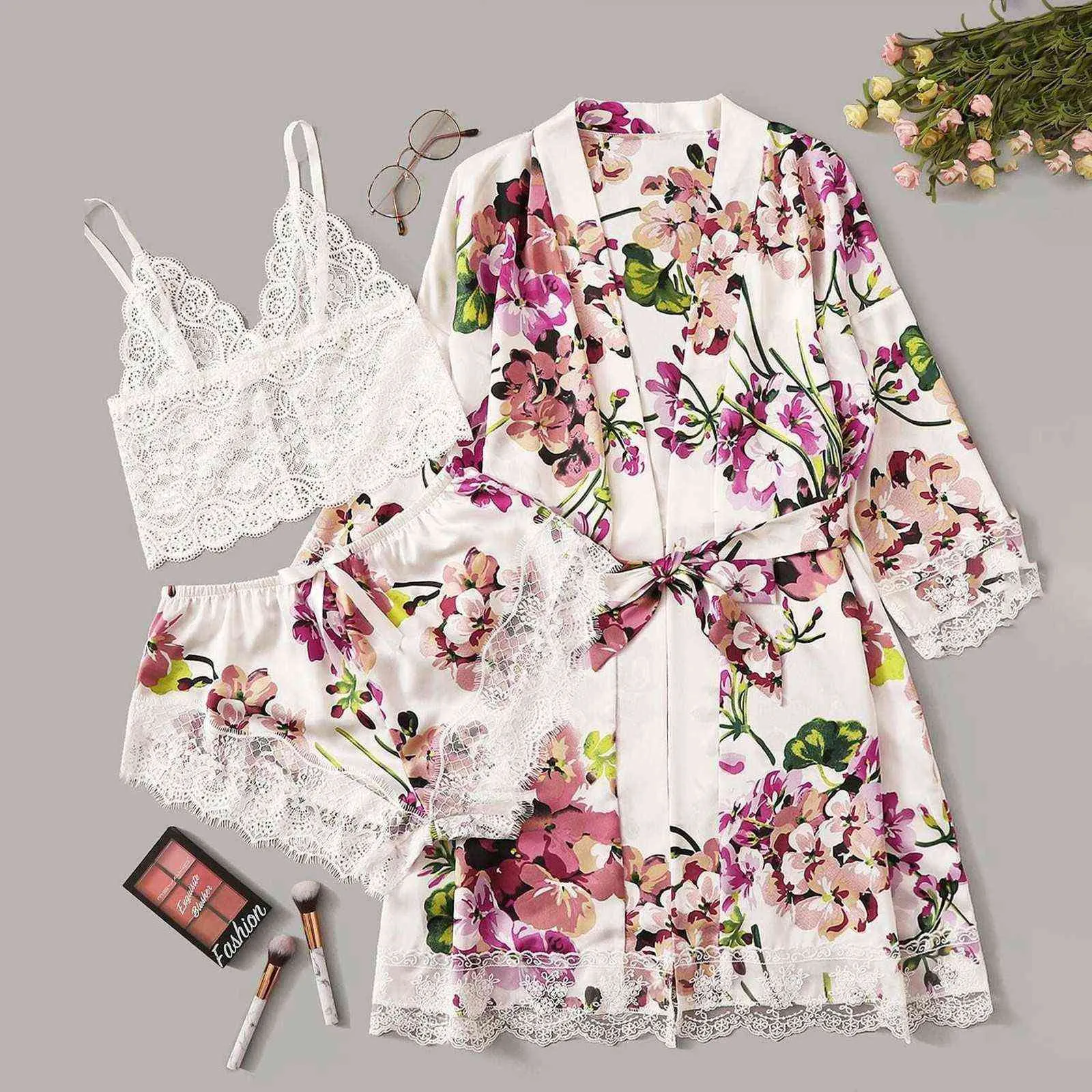 Seksi Pijama Robe Kadınlar Pijama Robe Dantel Saten Ipek Lingerie Moda Çiçek İç Pijama Seda Verano Completi Con Vestaglia Q0706