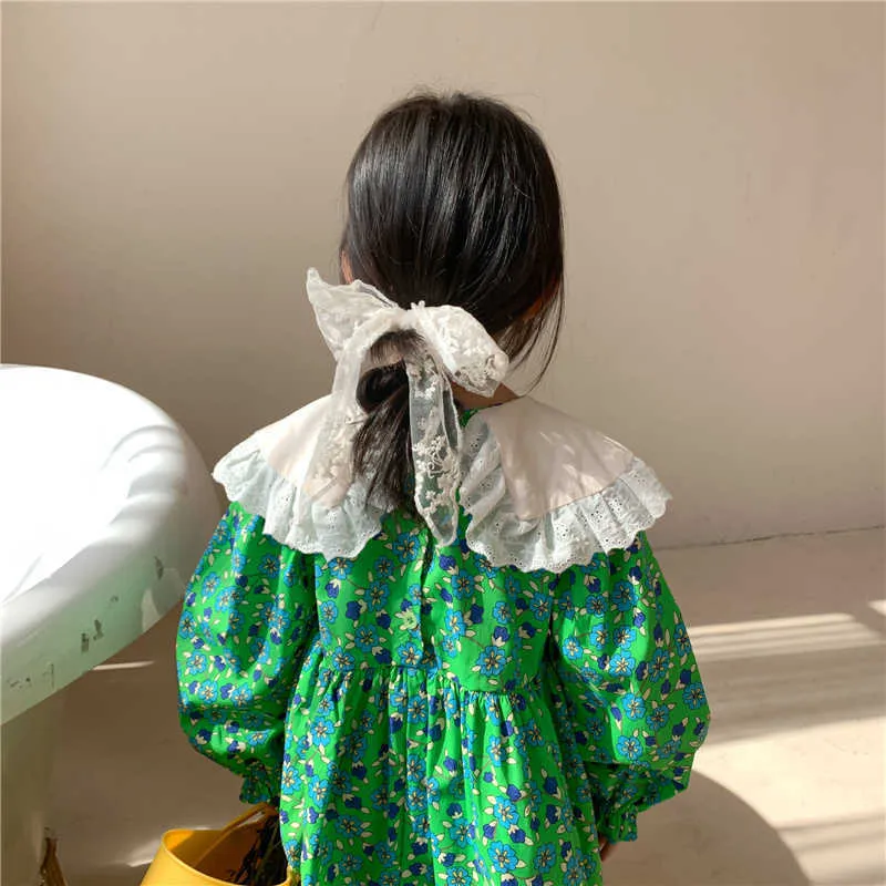 Style coréen Enfants Filles Robes florales Mignon Dentelle Turn-Down Collier à manches longues Robe de soirée Printemps 210615