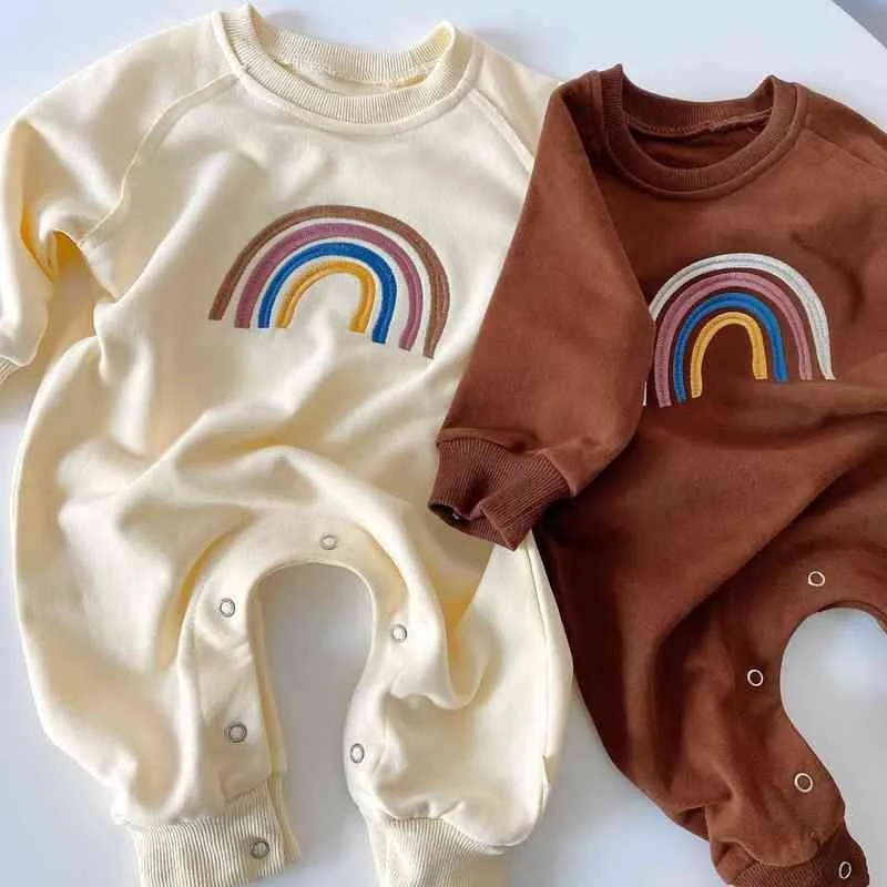 Baby Strampler Stickerei Regenbogen Säugling Mädchen Jungen Kleidung Herbst Baumwolle Langarm Overall 211229