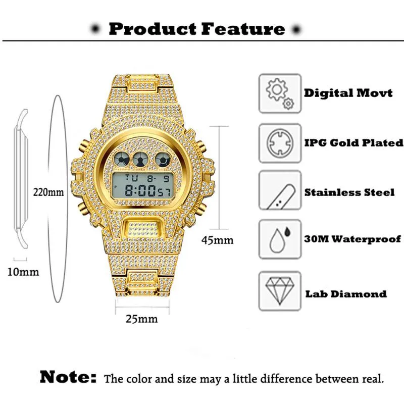Iced Out Diamond Watch Men Luxury LED Digital Mens Watches Waterproof Sports Wristwatch Man Fashion 18K Gold Steel Male Clock Wris281q