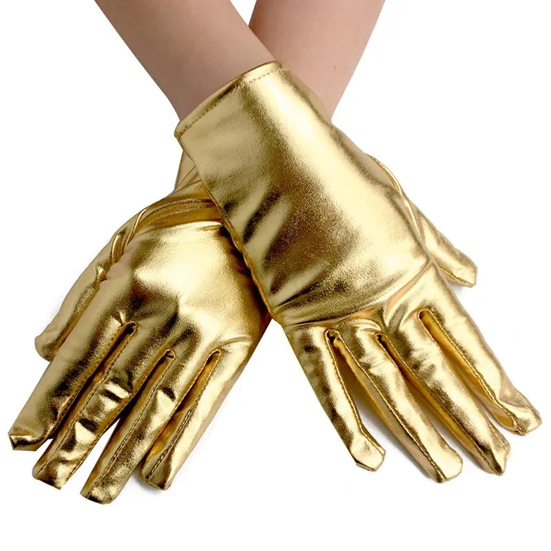 Mode or argent aspect mouillé faux cuir gants métalliques femmes Sexy Latex soirée QERFORMANCE mitaines cinq doigts 251i