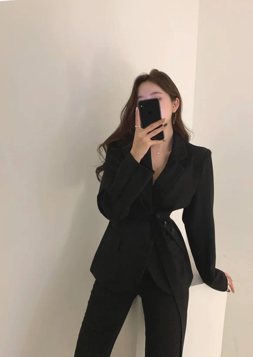 韓国のファッション女性のスーツBlazerコートスプリングベルトフルスリーブノッチカラーオフィスワークウェア女性ジャケットフェムミ210513