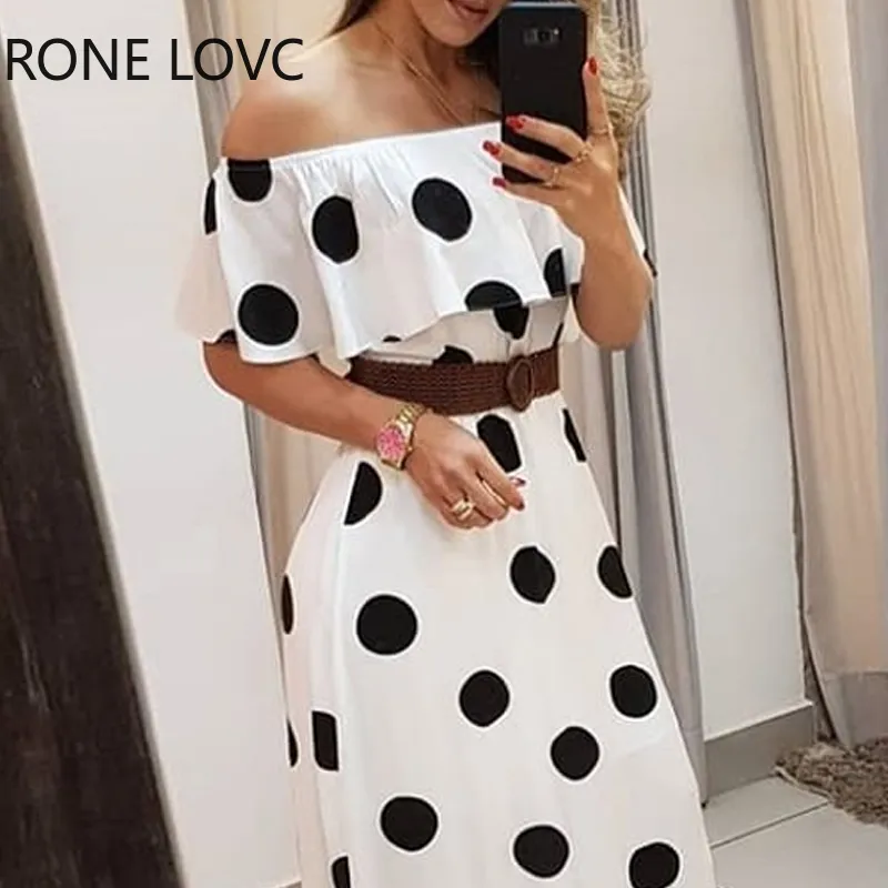 Abito lungo da donna con spalle scoperte e stampa a pois con volant, elegante abito da festa alla moda X0521