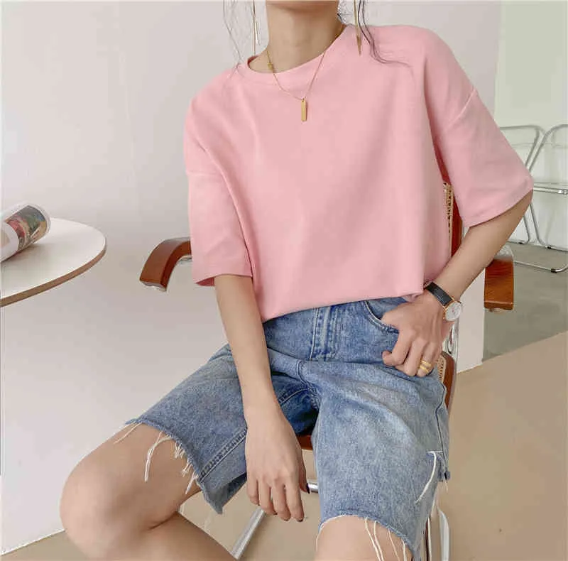 Round Neck Simple Solid Bottoming Shirt Candy Colors Fashion Summer Loose Oversize Cotton Short Sleeve Woman's Shirts 9669 210508