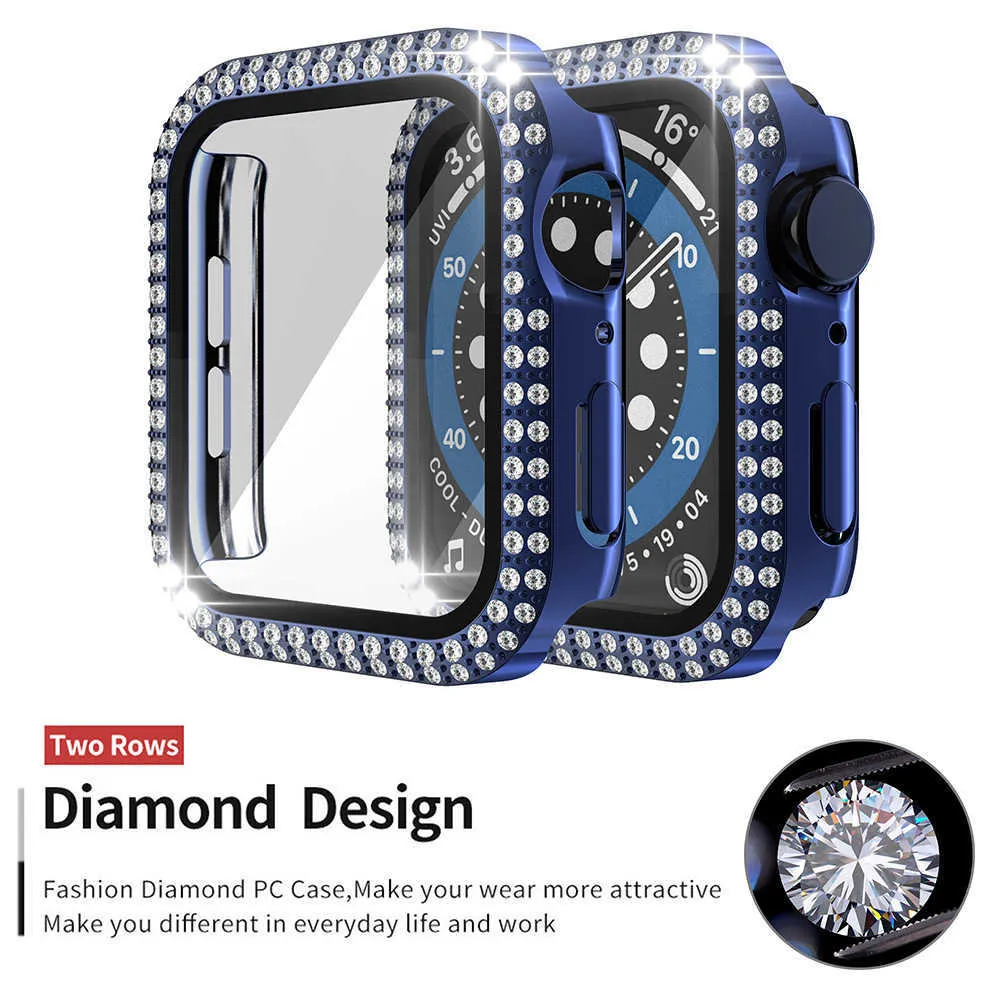 Bekijk beschermhoes voor Apple Smartwatch 7 6 5 4 3 2 1 SE met gehard glazen schermbeschermer verdubbeling Diamond Cover Compatib6177997