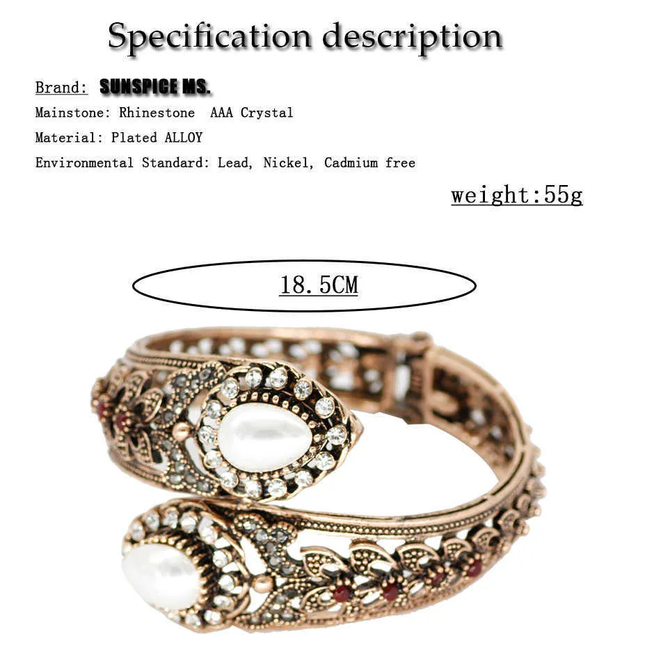 Sunspice-ms Retro Vintage Bangle Turkish Women Imitation Pearls Cuff Bracelet Antique Gold Color Ethnic Wedding Wrist Jewelry Q0719