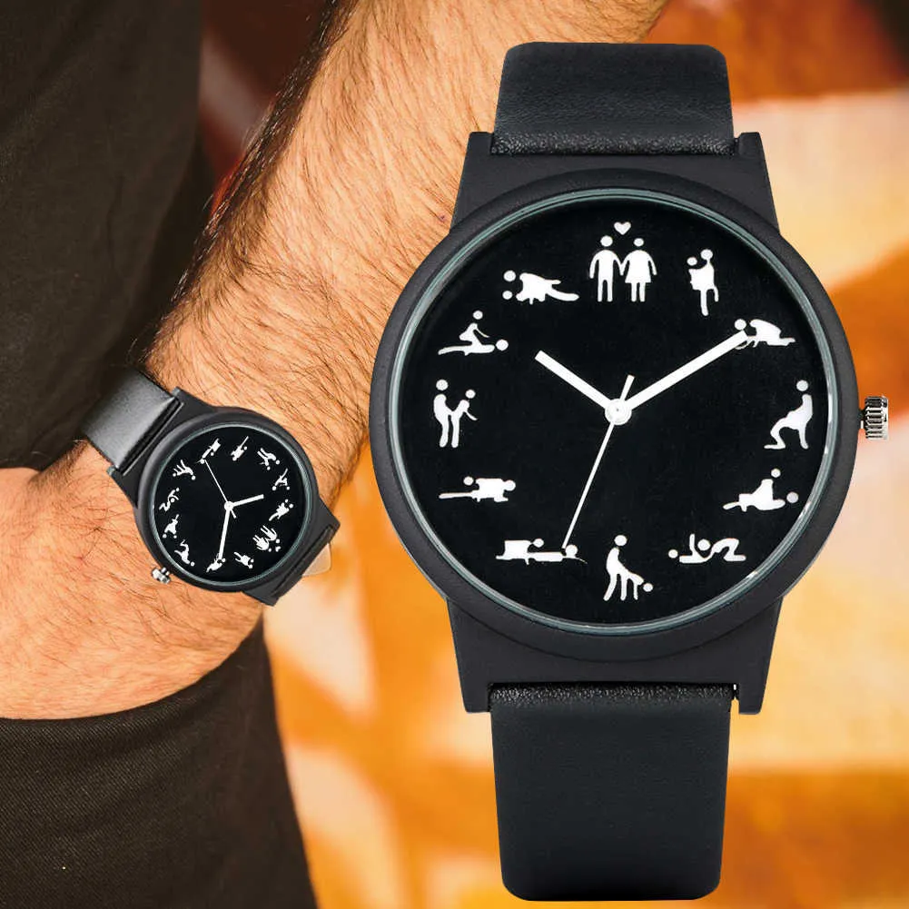 창조적 인 재미있는 쿼츠 남성용 검은 다이얼 쿼츠 시계 편안한 검은 색 가죽 스트랩 손목 시계 수컷 H1012290V