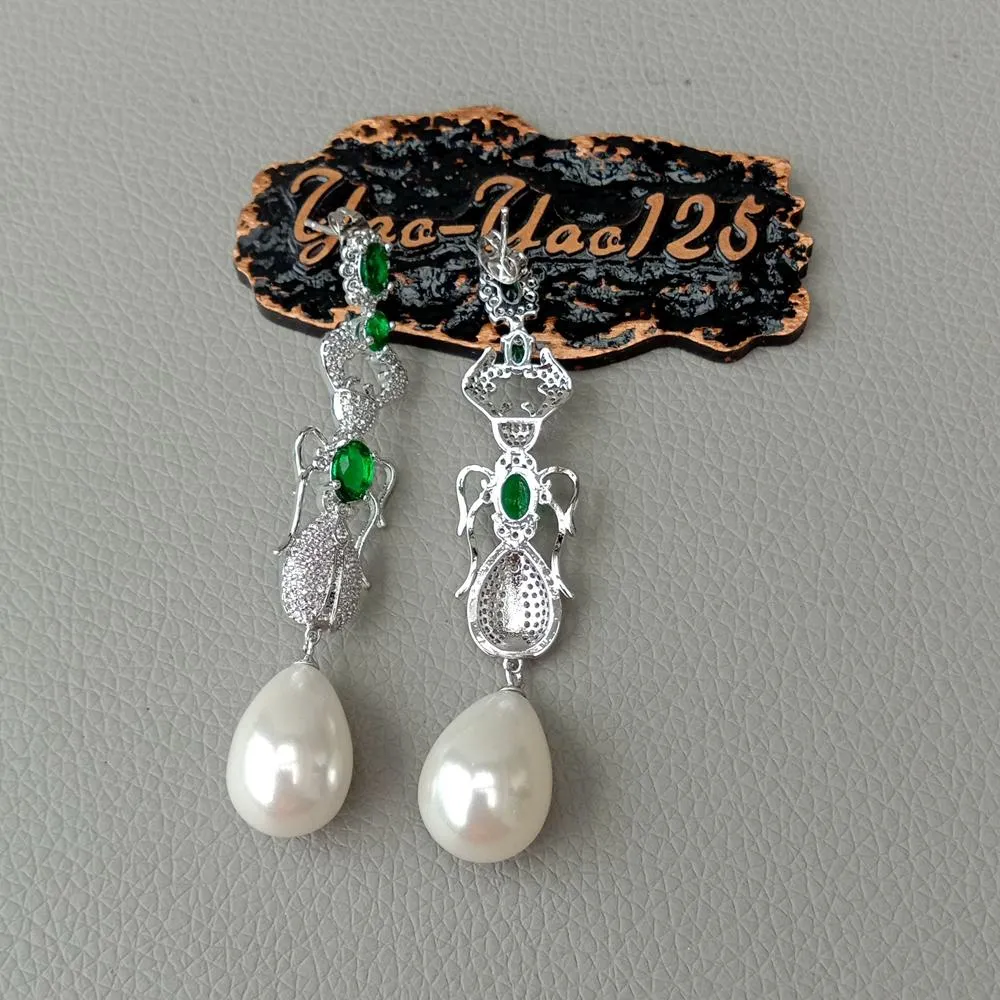 YYGEM Green Cz Pave Insect Stud Earrings Teardrop White Sea Shell Pearl party jewelry accessories cute pearlfor women