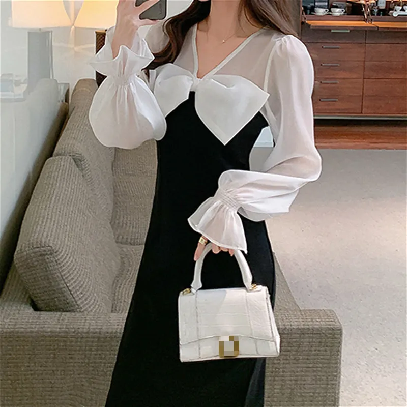 Kimutomo Women V-neck Bow Dress Spring Autumn Korea Chic Ladies Patchwork Chiffon Flare Sleeve Black Vestido Elegant 210521