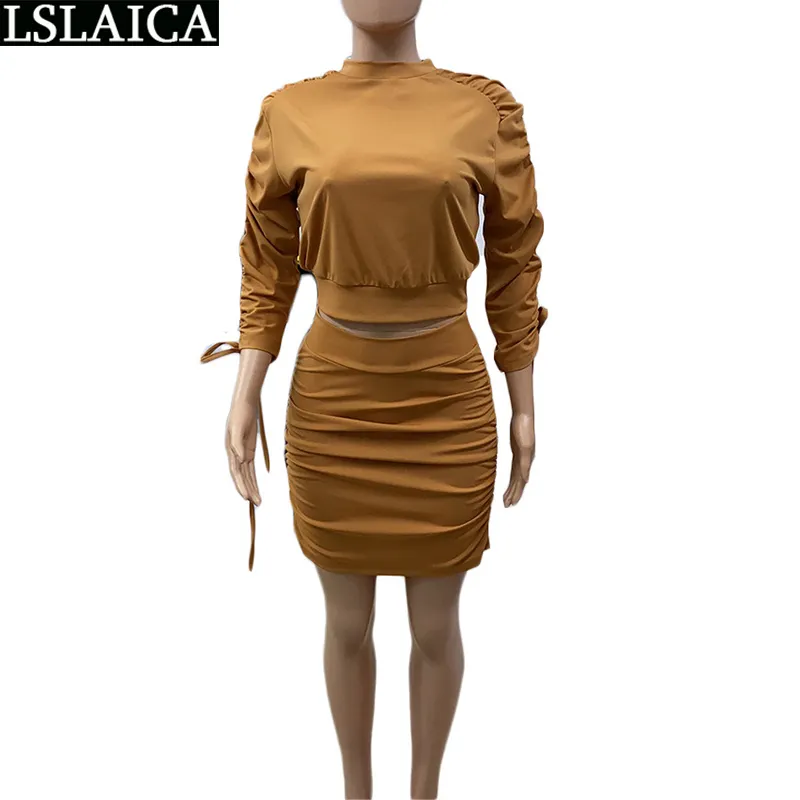 Solid Color Skirts&Tops Sets Elegant Knit Drawstring Plus Size Women Autumn Office Lady Party Clubwear Lounge 210515