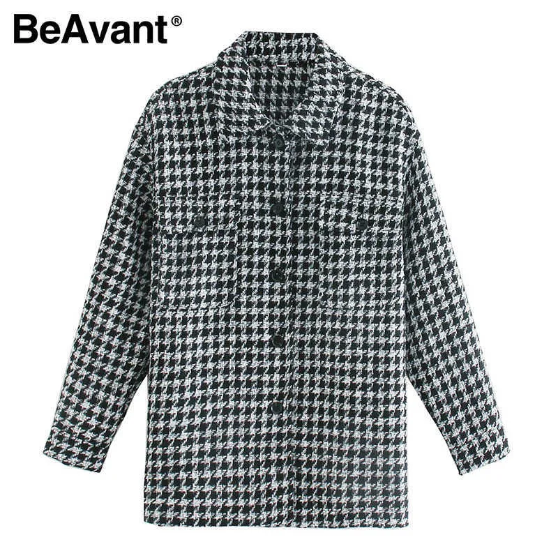 Beavant Fashionable Houndstooth 여자 셔츠 라펠 long sleeve 겨울 사무실 탑 하이 스트리트 스타일 격자 무늬 셔츠 210709