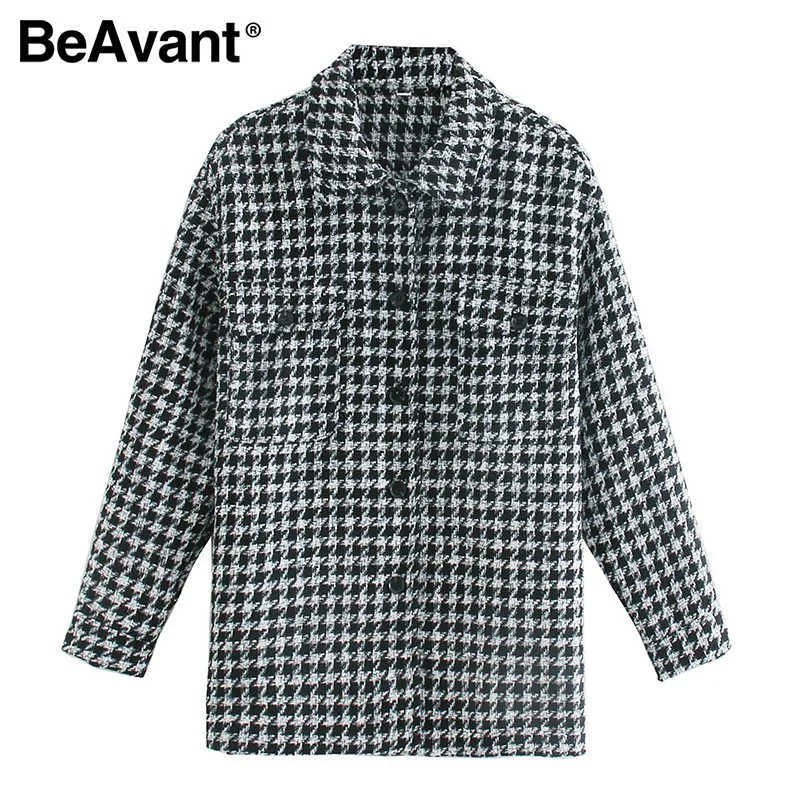 BeAvant Fashionable houndstooth women's shirt Lapel long sleeve winter Office top High street style Plaid loose shirt 210709